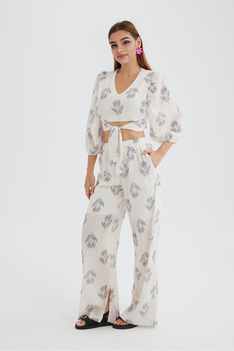 Print Puff Sleeve Knotted-front Tops Long Pants Suits