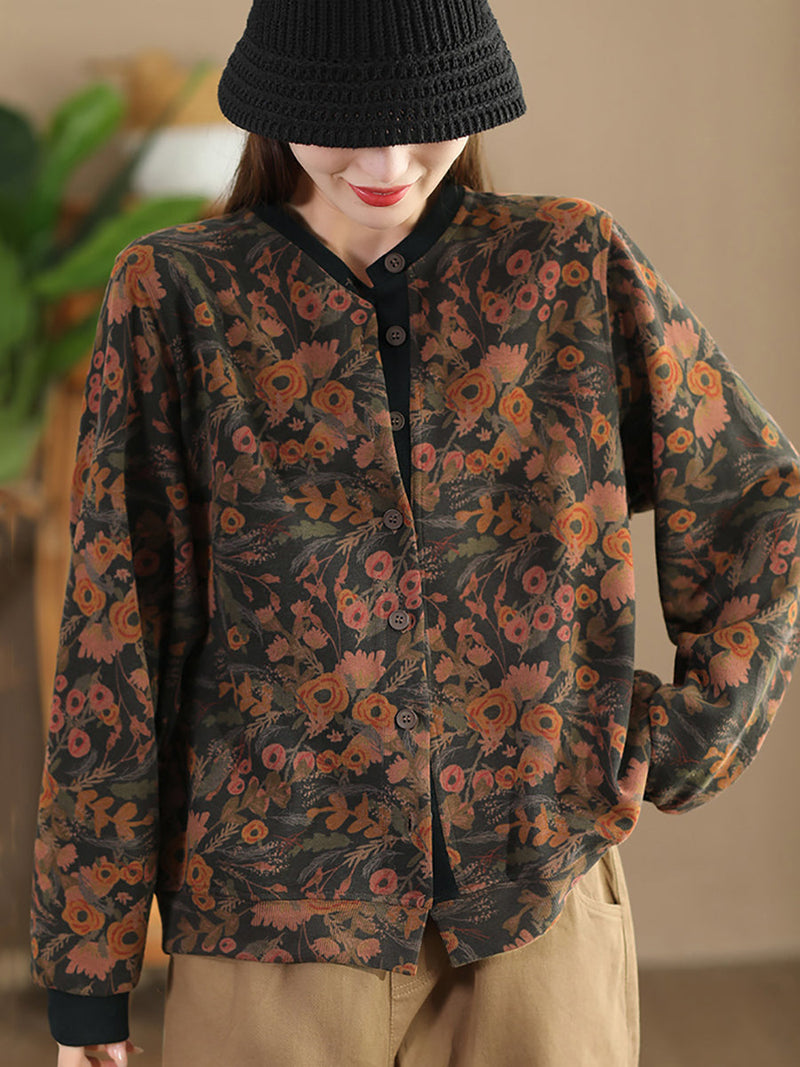 Flower Colorblock Button Cotton Coat At1027