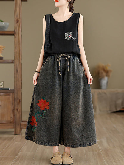 Summer Flower Denim Wide-leg Pants Op1010