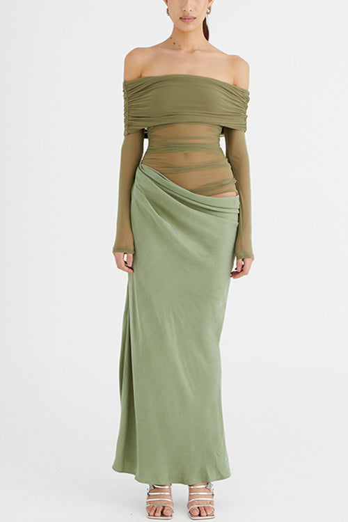 Off Shoulder Mesh Patchwork Ruched Maxi Dress