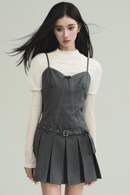 Professional Grey Blazer and Pleated Mini Dress Set