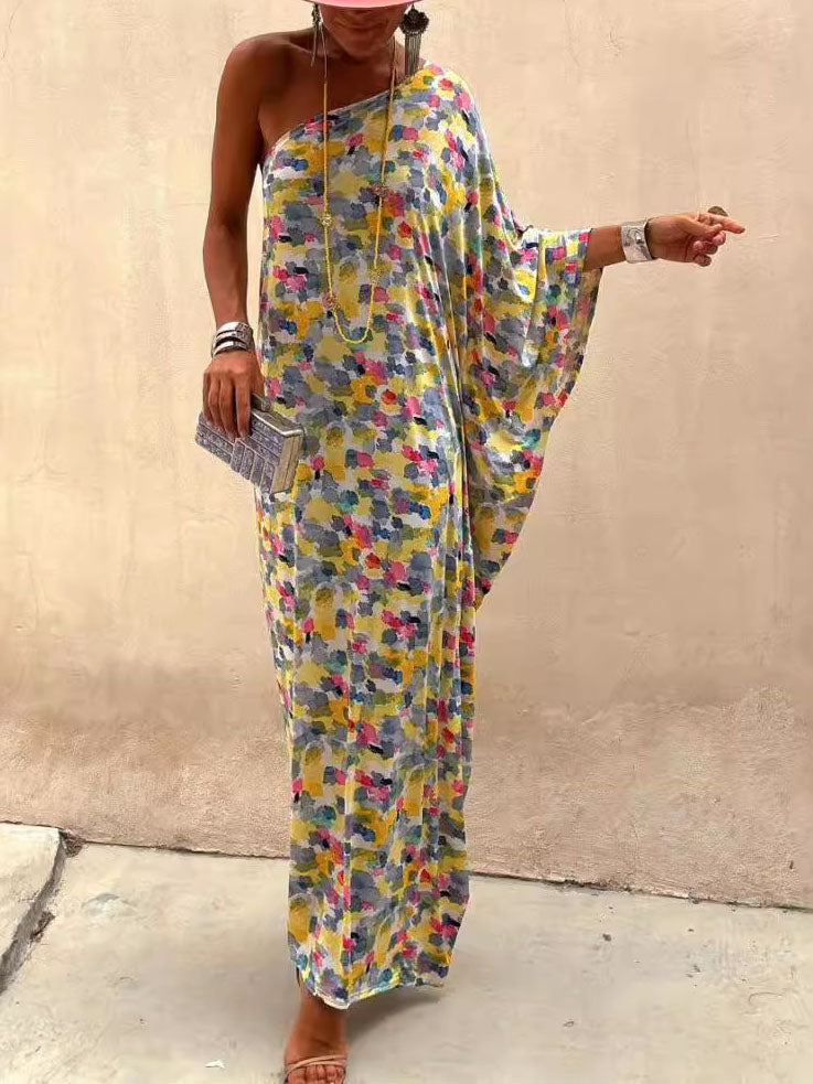 Holiday Ink-dye Print Off-shoulder Maxi Dress