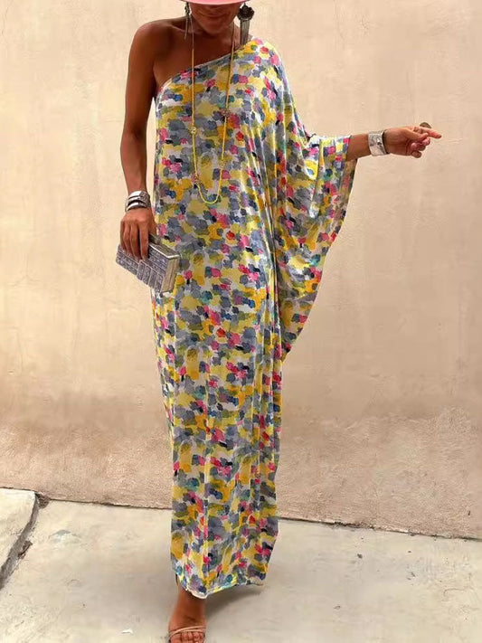 Holiday Ink-dye Print Off-shoulder Maxi Dress