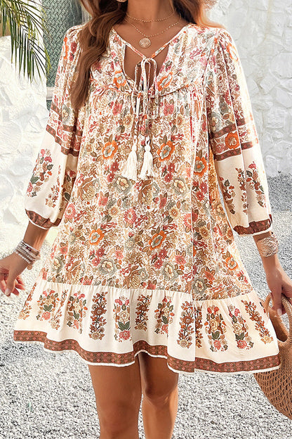 Style Unique Printed V-neck Tie Loose Mini Dress