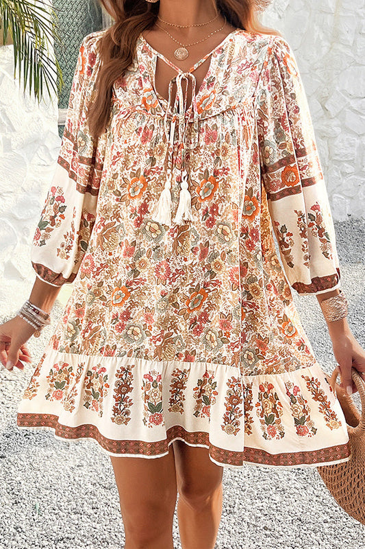 Style Unique Printed V-neck Tie Loose Mini Dress