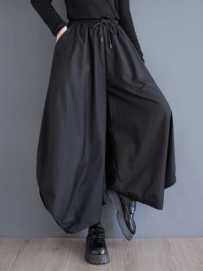Black Drawstring Elasticity High Waisted Pockets Culotte Pants Tw025
