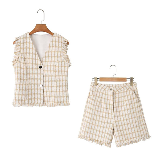 Spring Loose Plaid Straight Leg Pants Sweet Fresh Pants Contrast Color Tassel Shorts