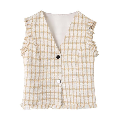 Spring Loose Plaid Straight Leg Pants Sweet Fresh Pants Contrast Color Tassel Shorts