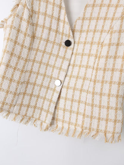 Spring Loose Plaid Straight Leg Pants Sweet Fresh Pants Contrast Color Tassel Shorts