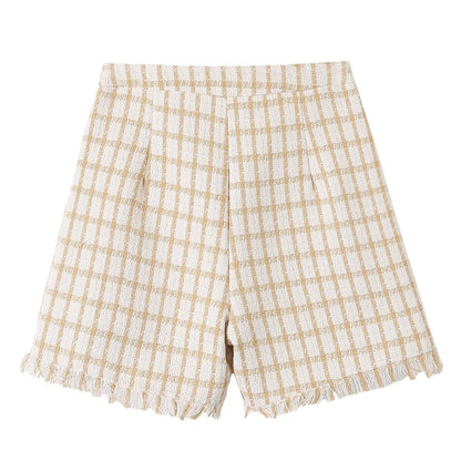 Spring Loose Plaid Straight Leg Pants Sweet Fresh Pants Contrast Color Tassel Shorts