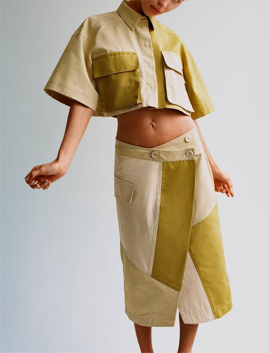 Patchwork Trench Coat Fabric Short Shirt Patchwork Skirt Pocket Decoration Skinny Pant Suit