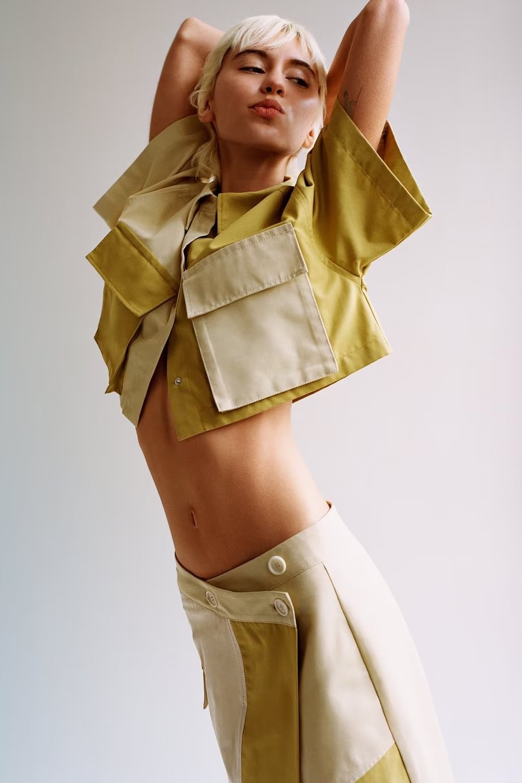 Patchwork Trench Coat Fabric Short Shirt Patchwork Skirt Pocket Decoration Skinny Pant Suit