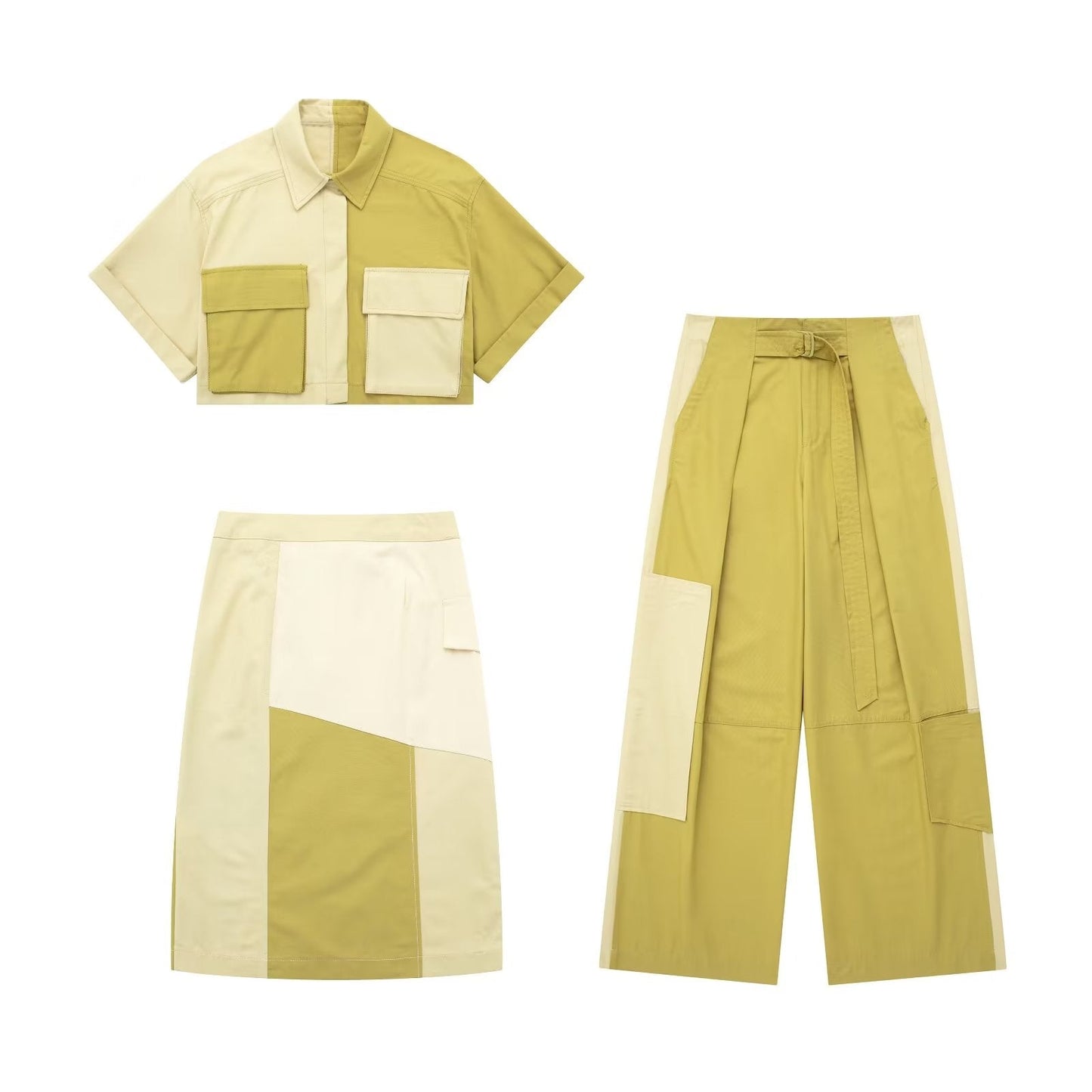 Patchwork Trench Coat Fabric Short Shirt Patchwork Skirt Pocket Decoration Skinny Pant Suit