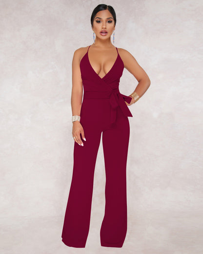 Summer Popular Classic Color V Neck Brace Jumpsuit