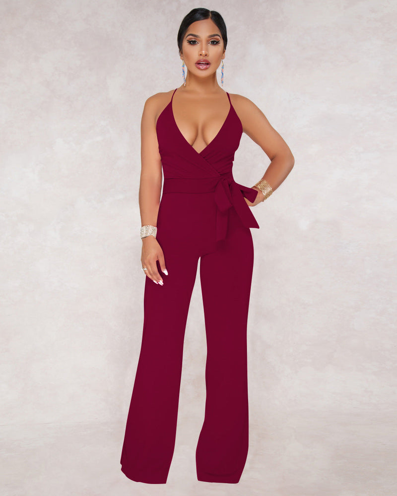 Summer Popular Classic Color V Neck Brace Jumpsuit