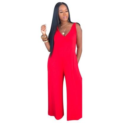 Boutique Color V Neck Suspender Jumpsuit
