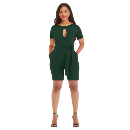 Classic Color Round Neck Hollow Out Cutout Out Short Sleeved Jumpsuit