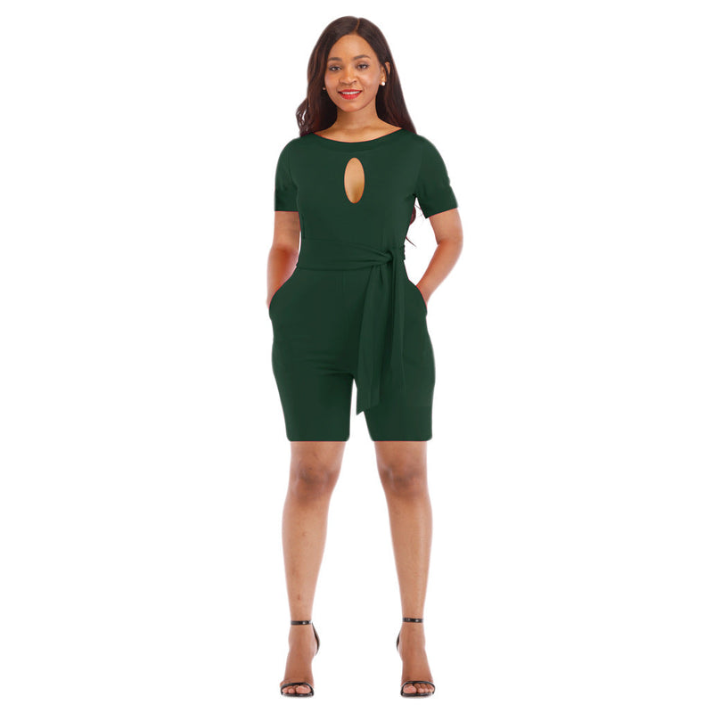 Classic Color Round Neck Hollow Out Cutout Out Short Sleeved Jumpsuit