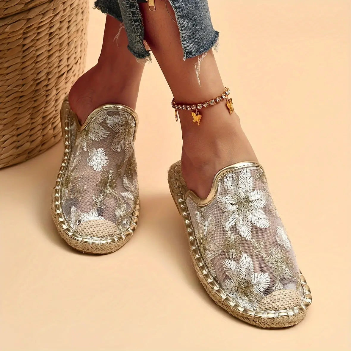 Linen Woven Flat Round Toe Half Slippers