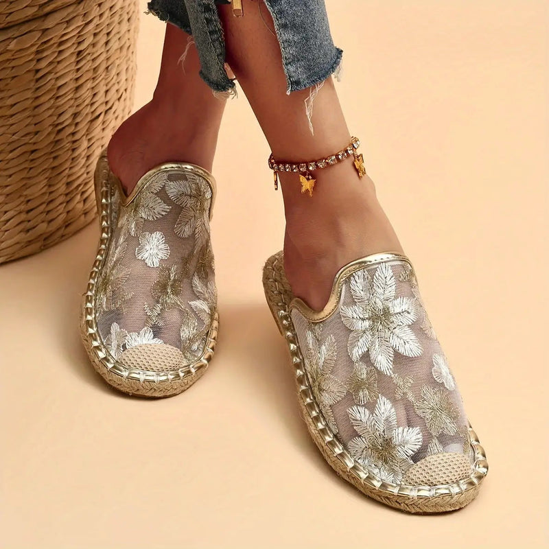 Linen Woven Flat Round Toe Half Slippers