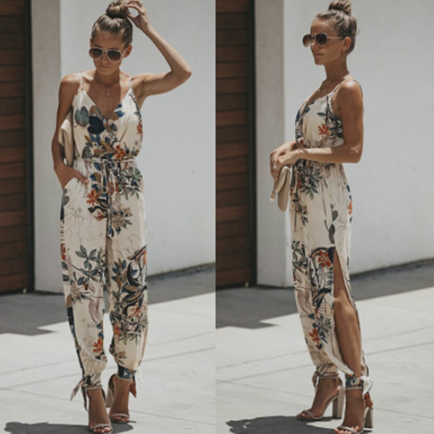 Summer Backless Print Tied Spaghetti-strap Cotton One-piece Slit Jumpsuit