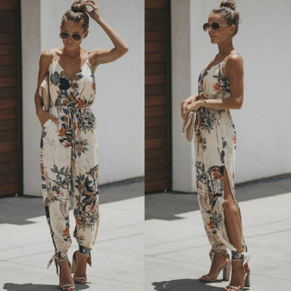 Summer Backless Print Tied Spaghetti-strap Cotton One-piece Slit Jumpsuit