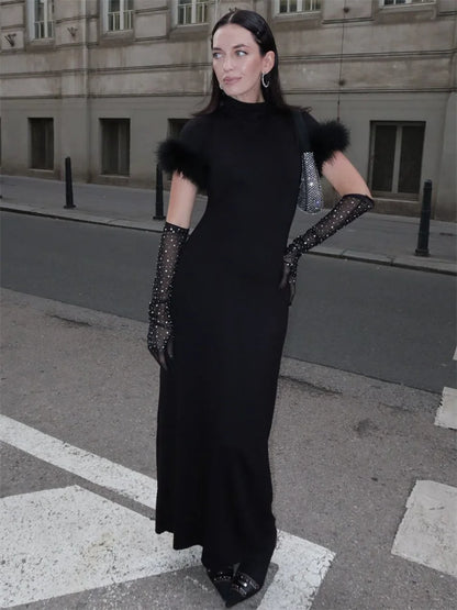 Female Fur Feather Maxi Dress Short Sleeve Autumn High Waist Slim Bodycon Dress Patchwork Long Dress