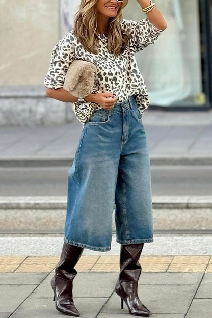 Leopard Print Crew Neck Long Sleeve Sweater