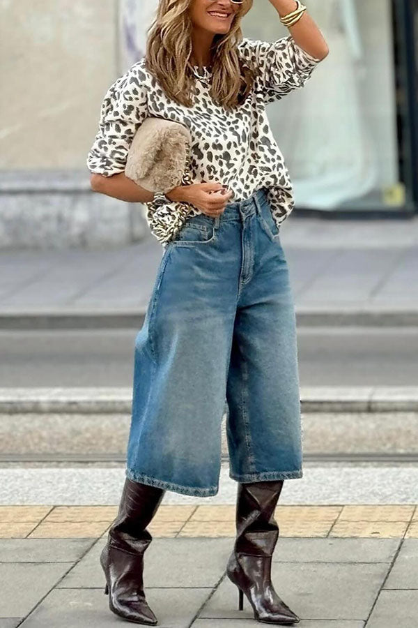Leopard Print Crew Neck Long Sleeve Sweater
