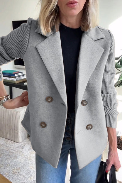 Lapel Button Knitted Sleeve Coat With Two Side Pockets