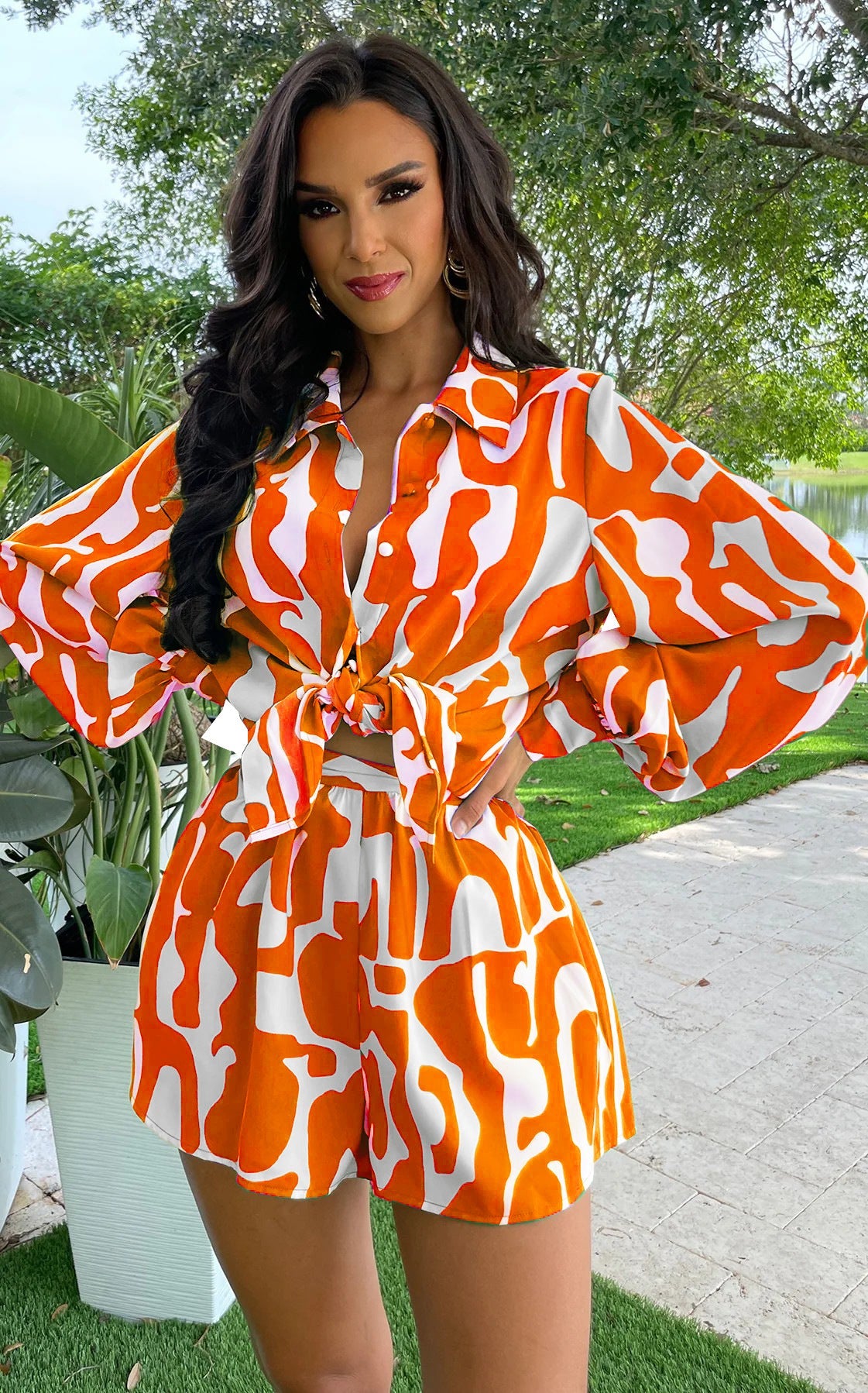 Loose Printed Long Shirt Shorts Suit Summer Two Piece Suit