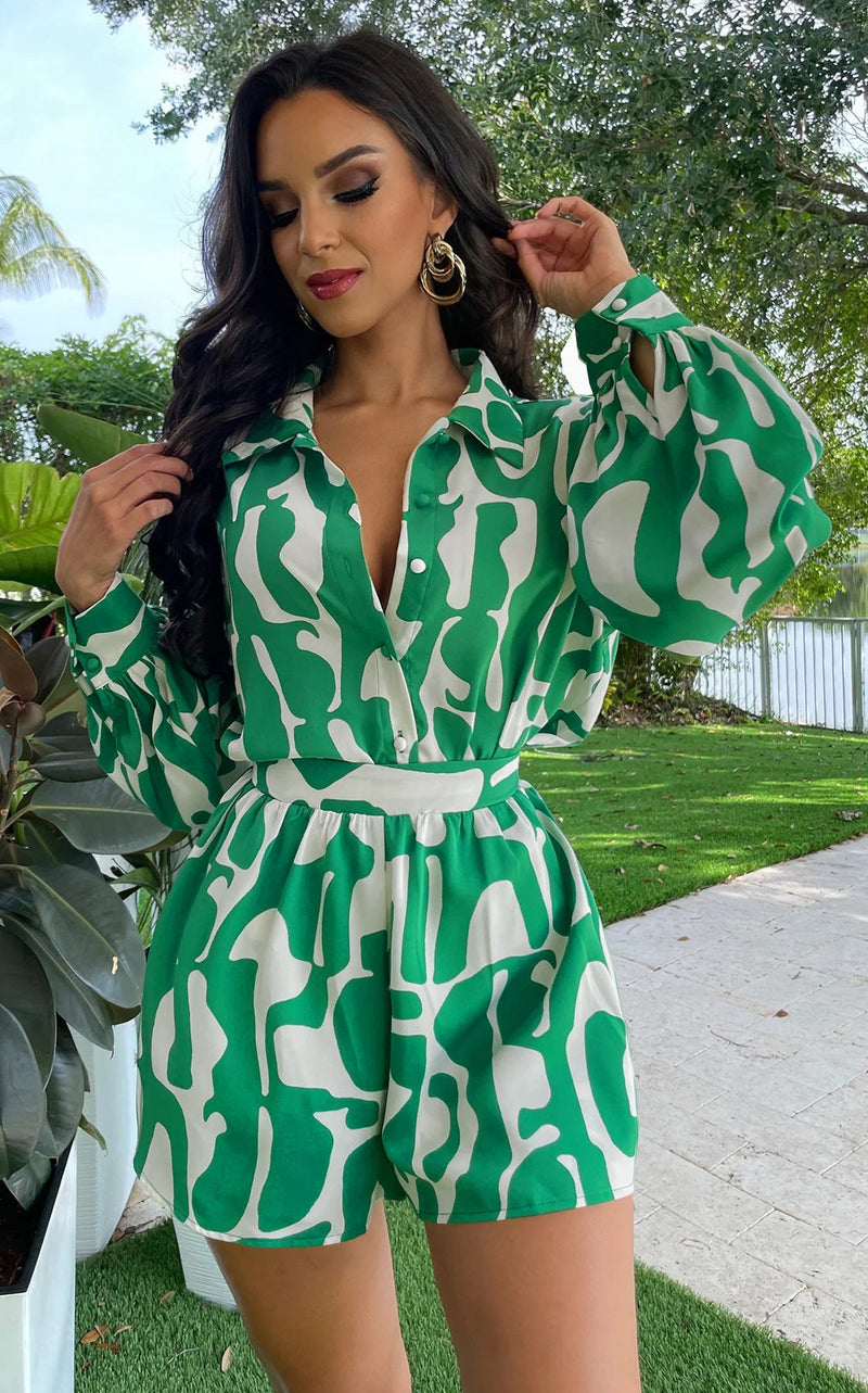 Loose Printed Long Shirt Shorts Suit Summer Two Piece Suit
