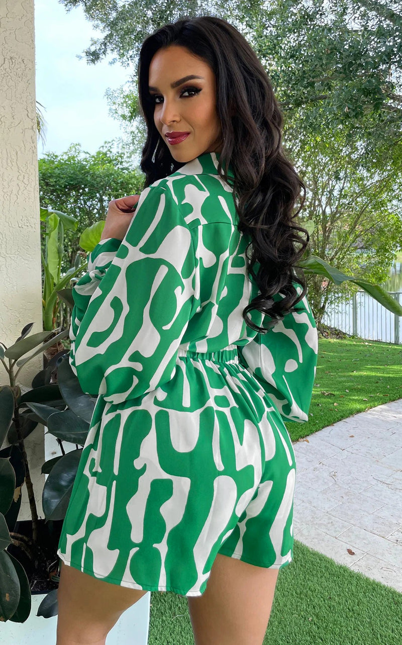 Loose Printed Long Shirt Shorts Suit Summer Two Piece Suit