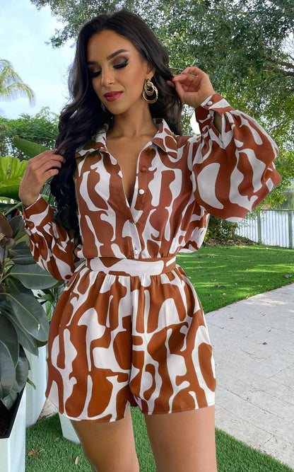 Loose Printed Long Shirt Shorts Suit Summer Two Piece Suit