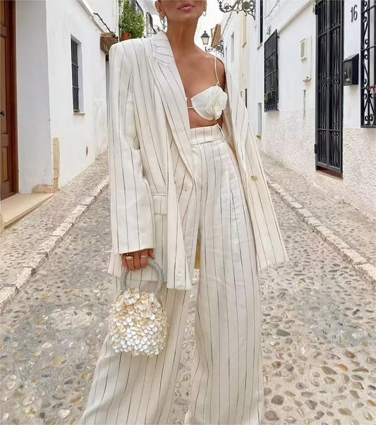 Spring High Waist Ptripe Work Pant Double Breasted Blazer