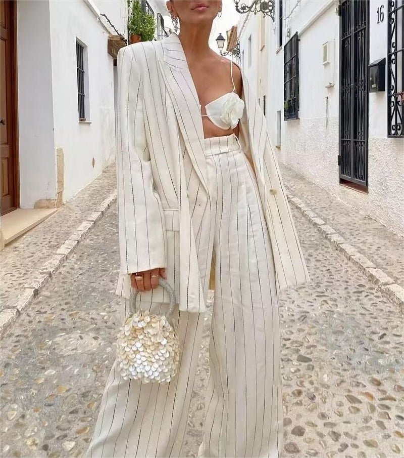 Spring High Waist Ptripe Work Pant Double Breasted Blazer
