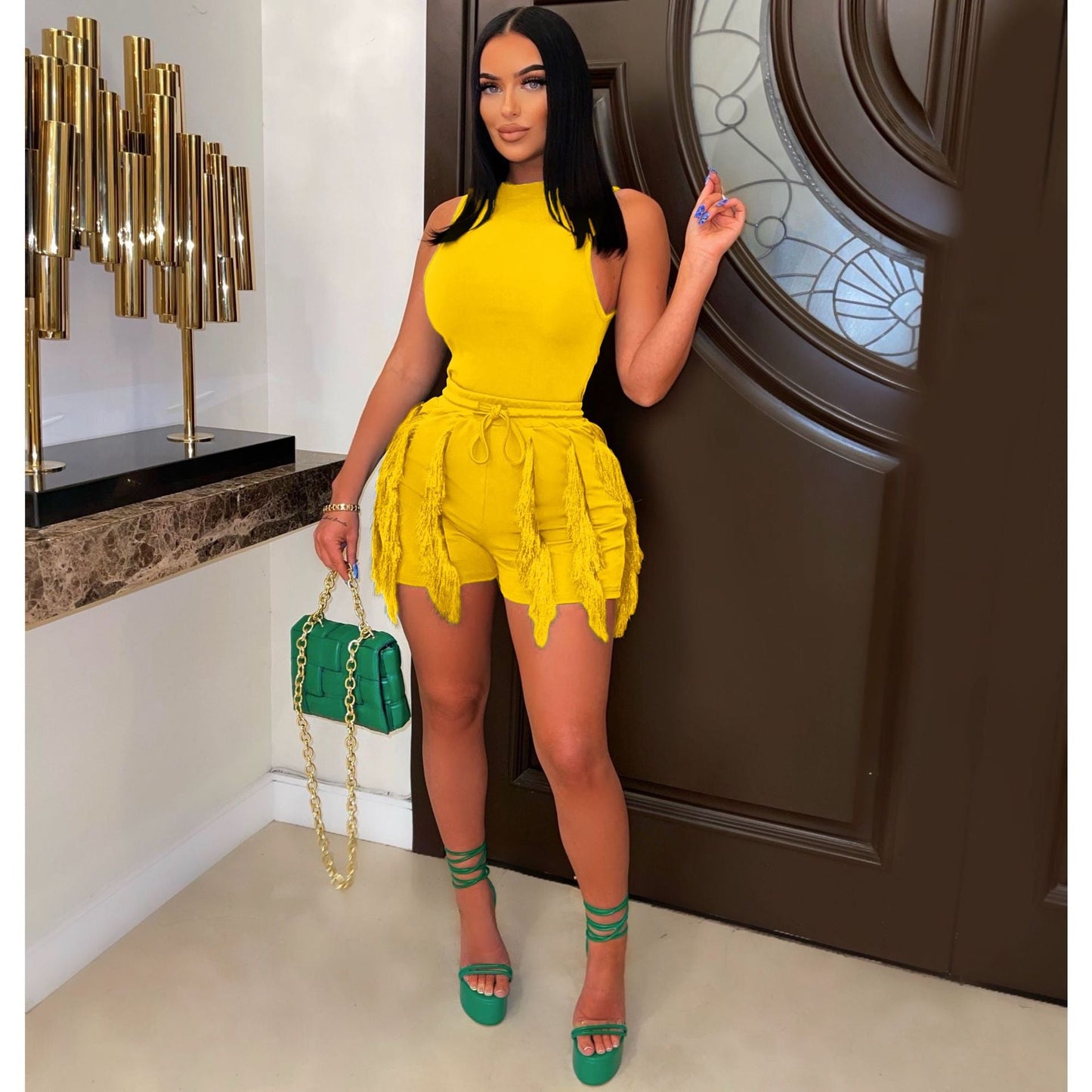 Clothing Suit Tassel Lace Sleeveless Shorts Jumpsuit Two Piece Set Color