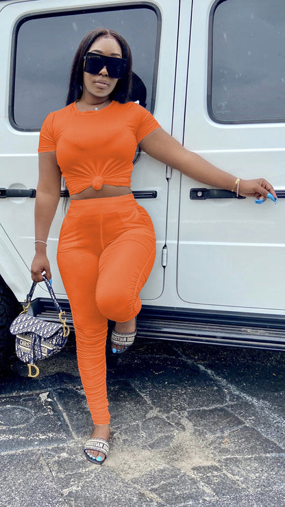 Clothing Ruched Short-sleeved Suit T-shirt Two-piece Set Color Tight Summer