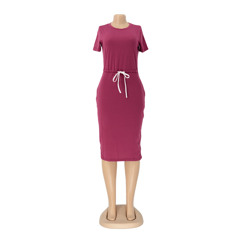 Dress Basic Elastic Waist Short Sleeve Color T Shirt Midi Dress