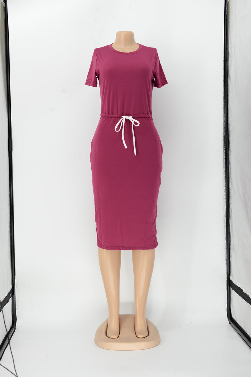 Dress Basic Elastic Waist Short Sleeve Color T Shirt Midi Dress