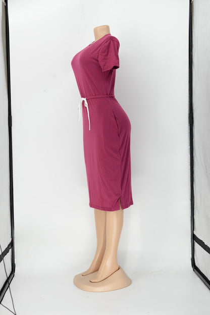 Dress Basic Elastic Waist Short Sleeve Color T Shirt Midi Dress