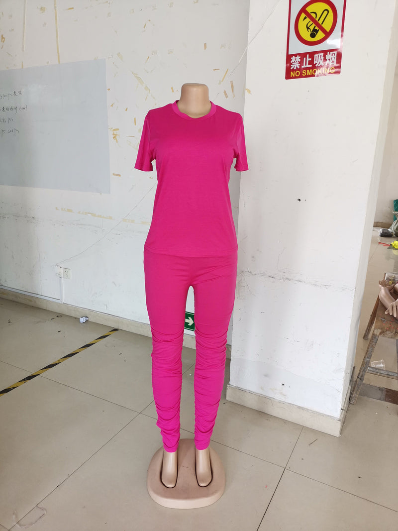 Clothing Ruched Short-sleeved Suit T-shirt Two-piece Set Color Tight Summer