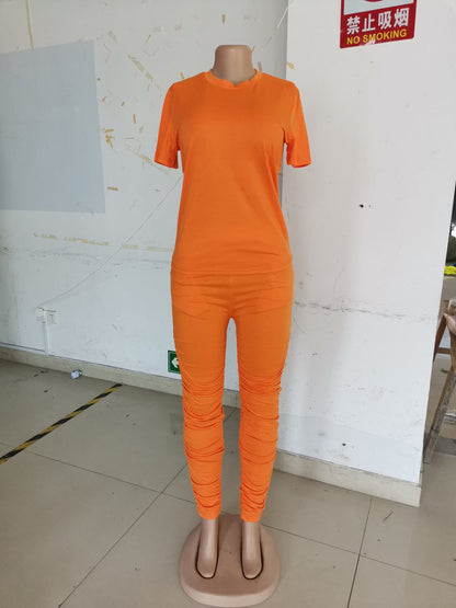 Clothing Ruched Short-sleeved Suit T-shirt Two-piece Set Color Tight Summer