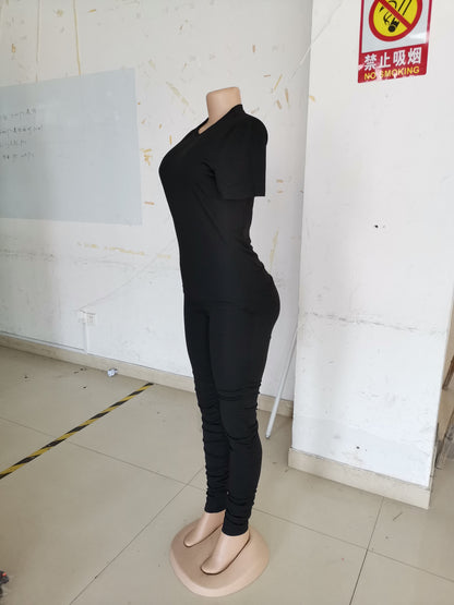 Clothing Ruched Short-sleeved Suit T-shirt Two-piece Set Color Tight Summer