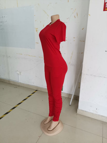 Clothing Ruched Short-sleeved Suit T-shirt Two-piece Set Color Tight Summer