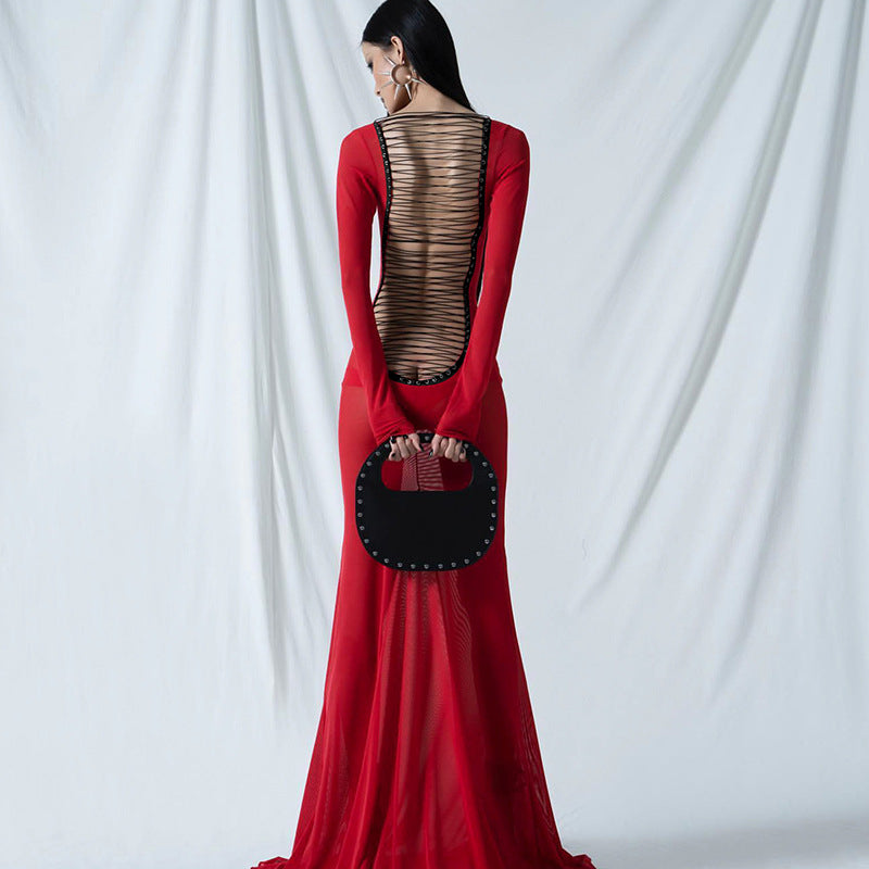 Autumn Clothing Mesh Backless Lace Up Long Sleeve Super Maxi Dress for