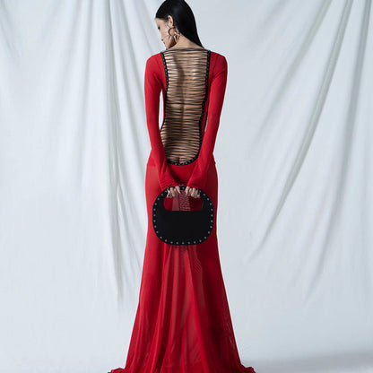 Autumn Clothing Mesh Backless Lace Up Long Sleeve Super Maxi Dress for