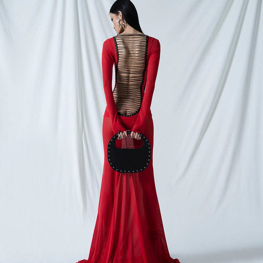 Autumn Clothing Mesh Backless Lace Up Long Sleeve Super Maxi Dress for