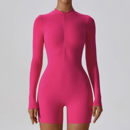 Open Collar Long-sleeve Zipper One-piece Dance Fitness Sports Jumpsuit Tight Yoga Clothes