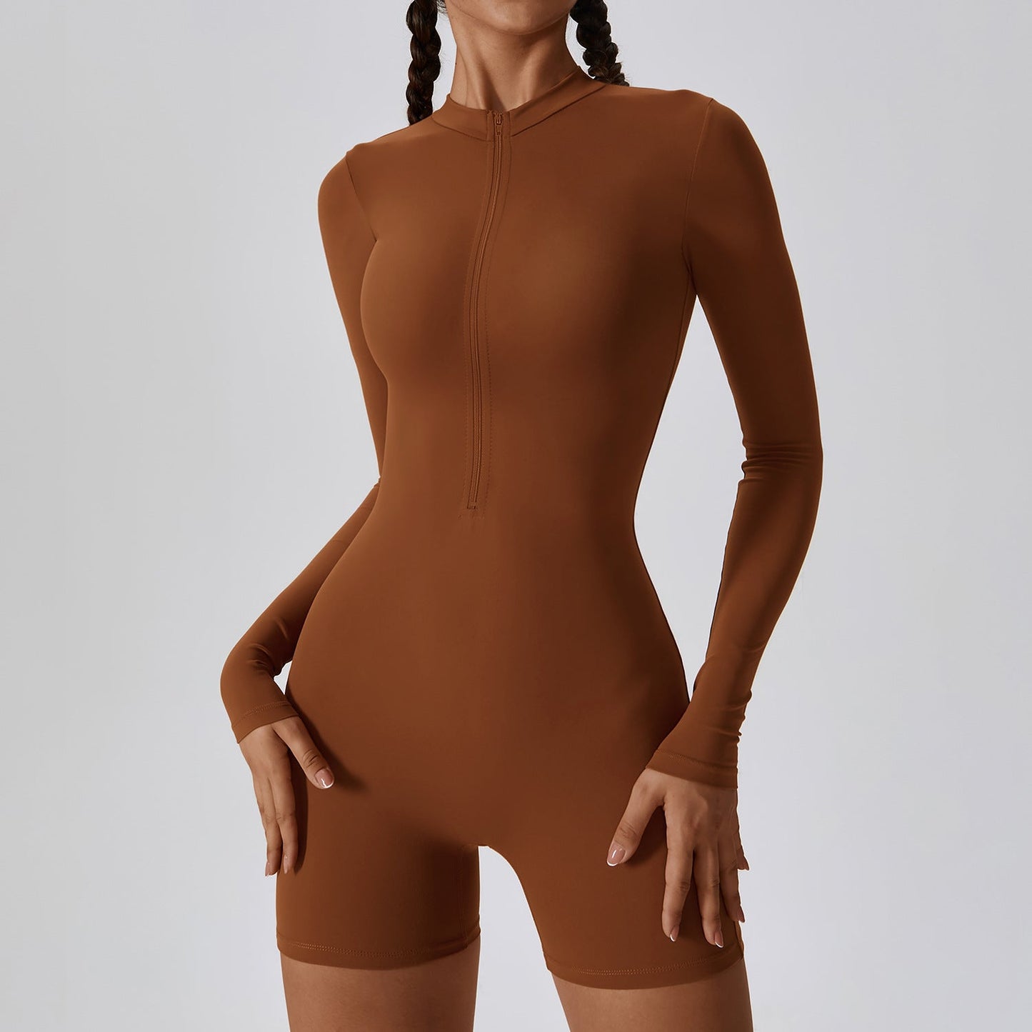 Open Collar Long-sleeve Zipper One-piece Dance Fitness Sports Jumpsuit Tight Yoga Clothes